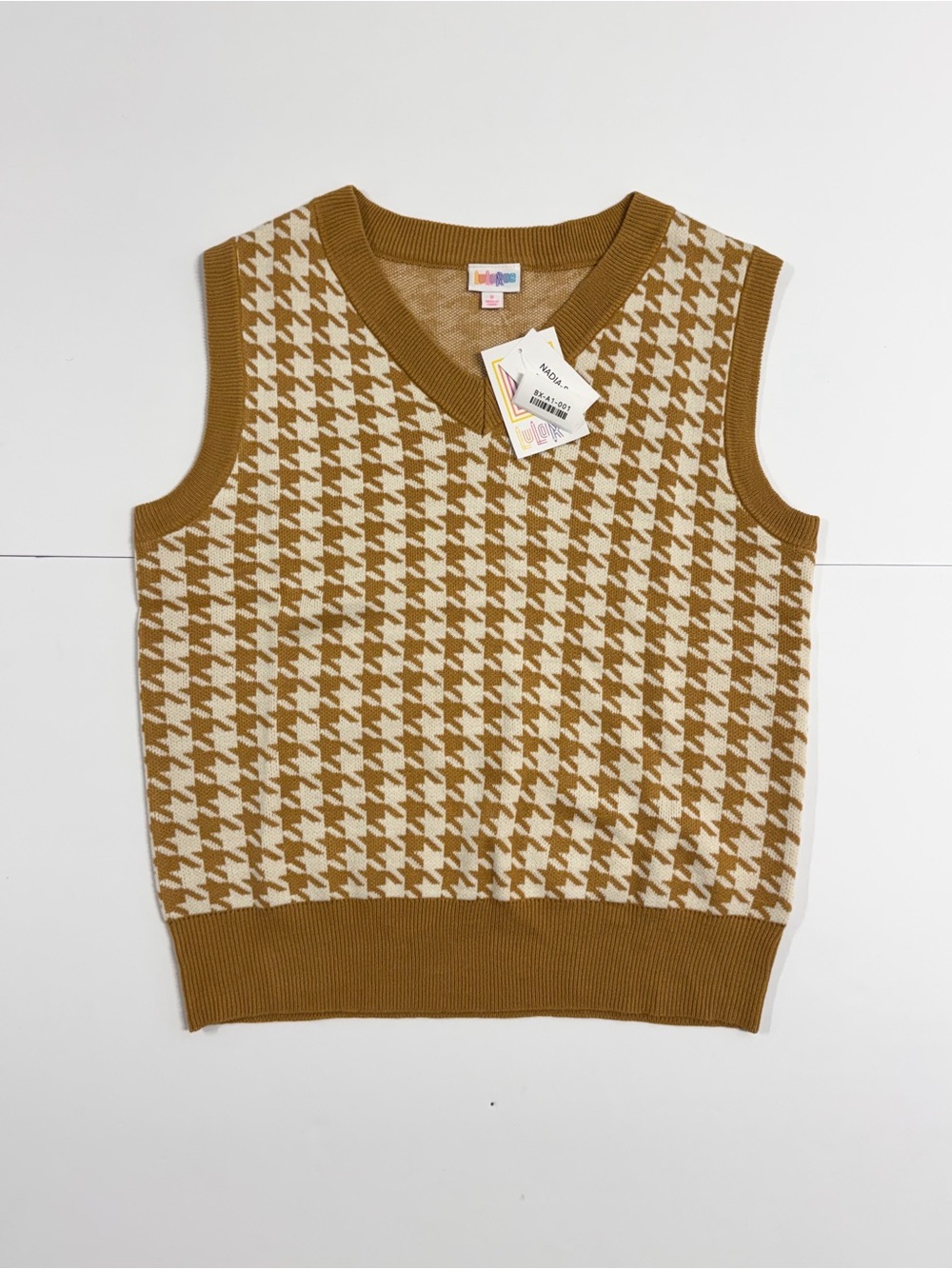 LuLaRoe Camel & Cream Houndstooth V-Neck Sweater Vest